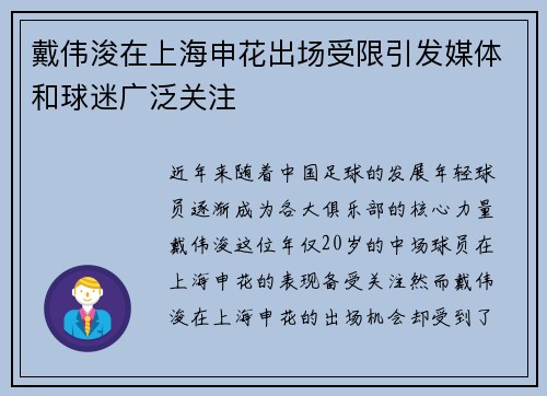 戴伟浚在上海申花出场受限引发媒体和球迷广泛关注