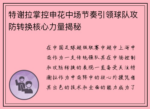特谢拉掌控申花中场节奏引领球队攻防转换核心力量揭秘 特谢拉掌控申花中场节奏引领球队攻防转换核心力量揭秘